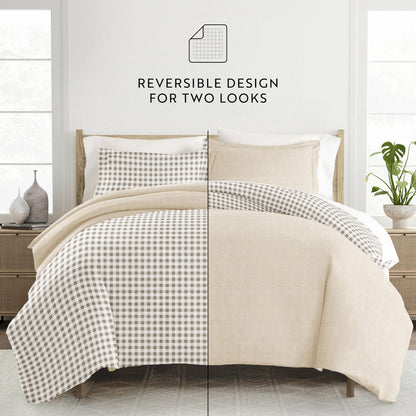 Gingham Check Pattern 3-Piece Reversible Duvet Cover Set