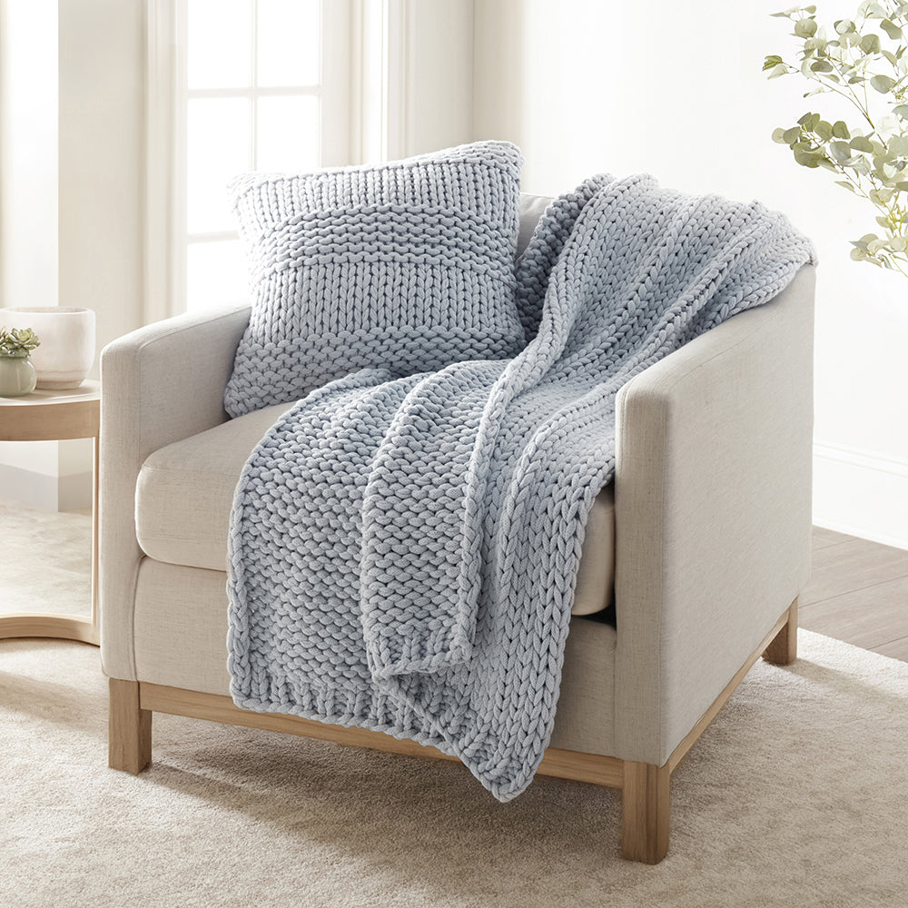 Chunky Knit Throw Blanket and Decor Pillow with Insert Bundle Linens And Hutch