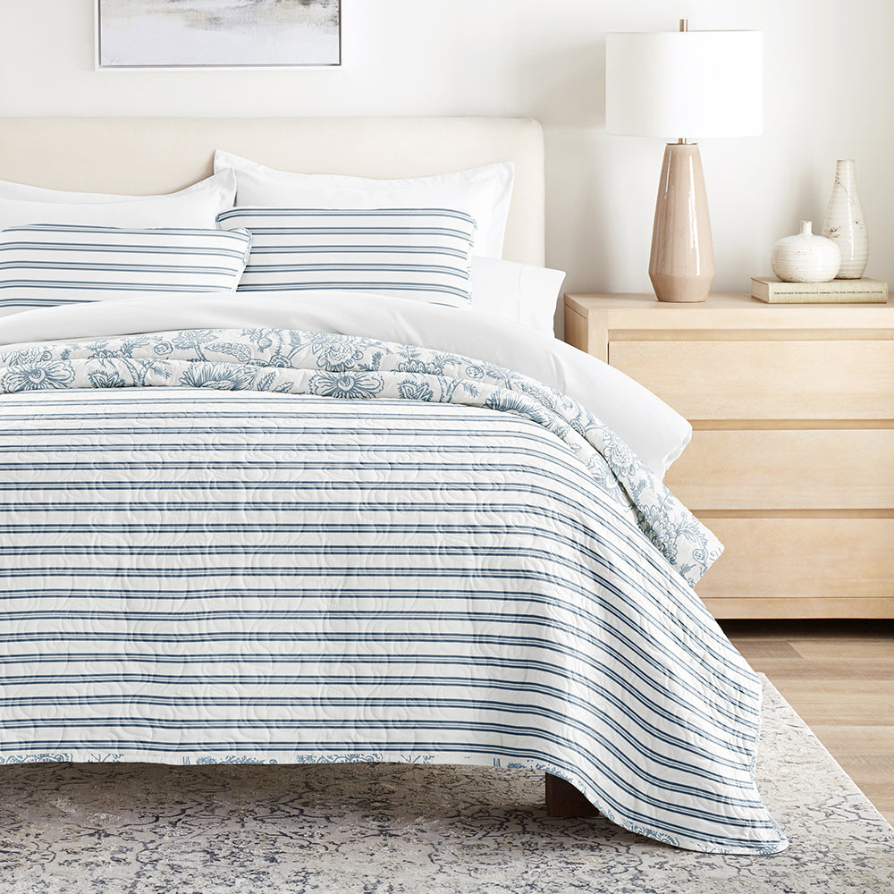 Jacobean/Stripe Reversible Quilted Coverlet Set