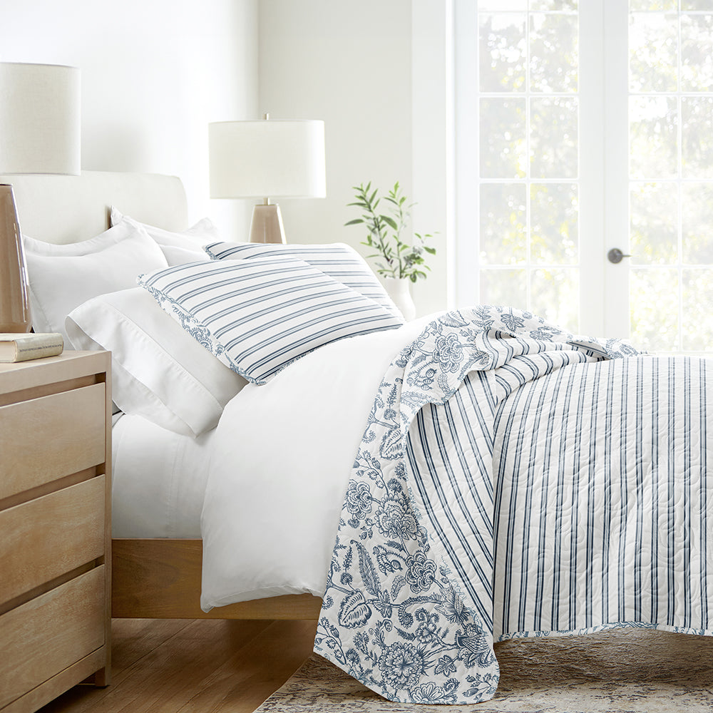 Jacobean/Stripe Reversible Quilted Coverlet Set