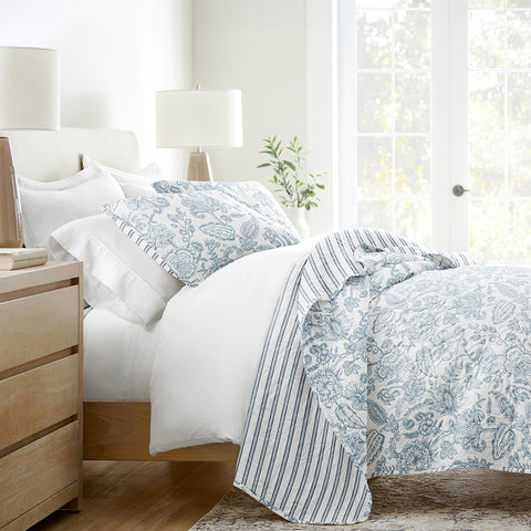 Jacobean/Stripe Reversible Quilted Coverlet Set