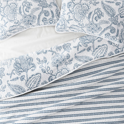 Sale - Jacobean/Stripe Reversible Quilted Coverlet Set