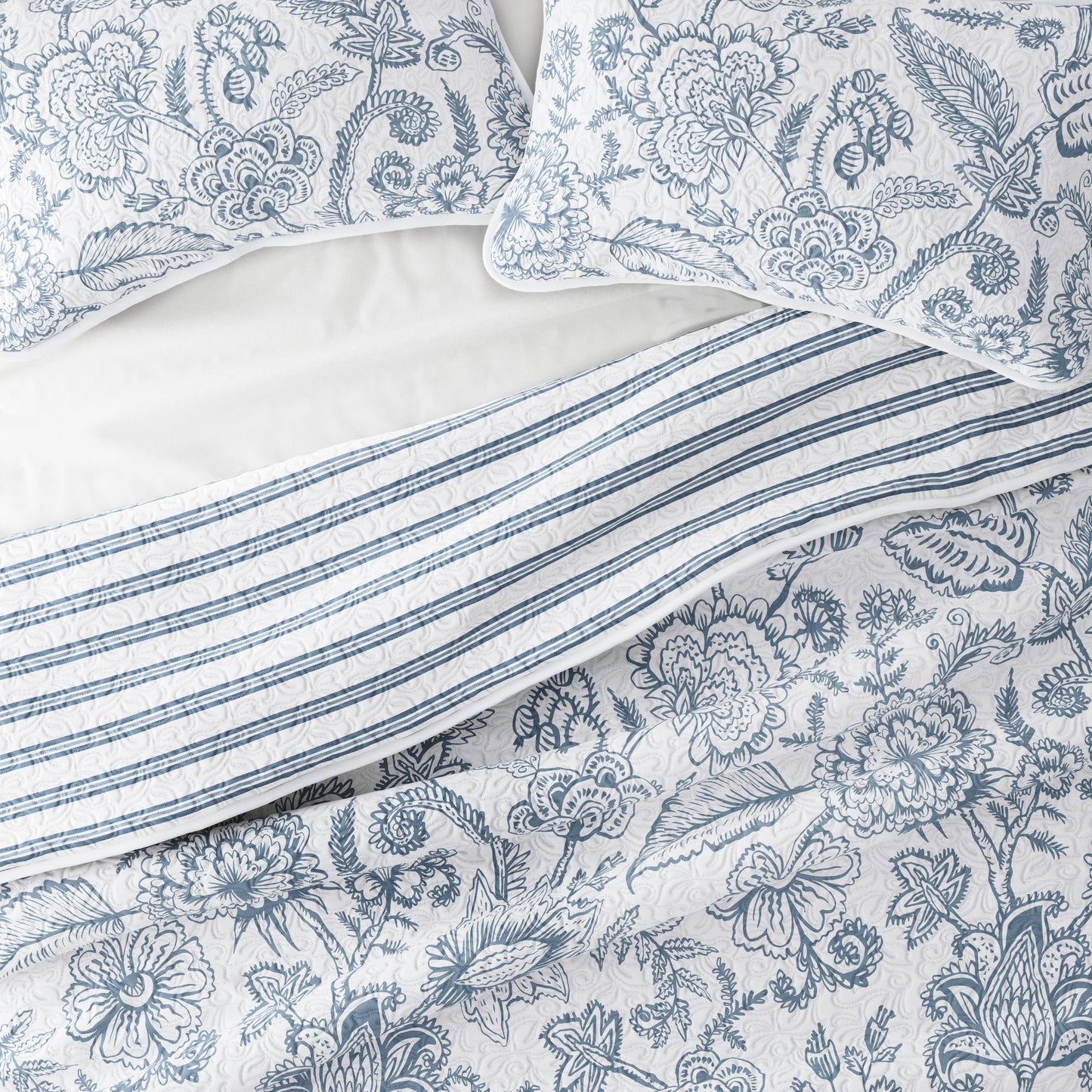 Sale - Jacobean/Stripe Reversible Quilted Coverlet Set