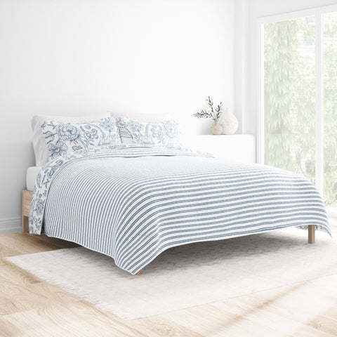 Sale - Jacobean/Stripe Reversible Quilted Coverlet Set