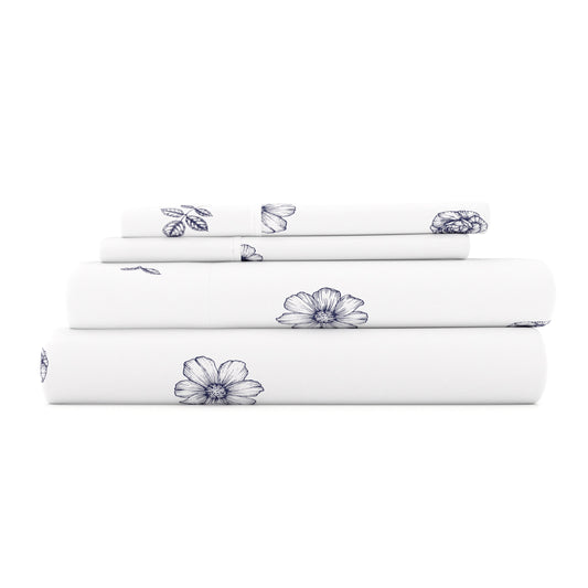 Indigo Flowers Pattern 4-Piece Sheet Set - Sale