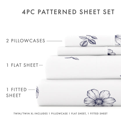 Indigo Flowers Pattern 4-Piece Sheet Set - Sale