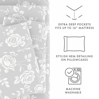 Rose Gray Pattern 4-Piece Sheet Set