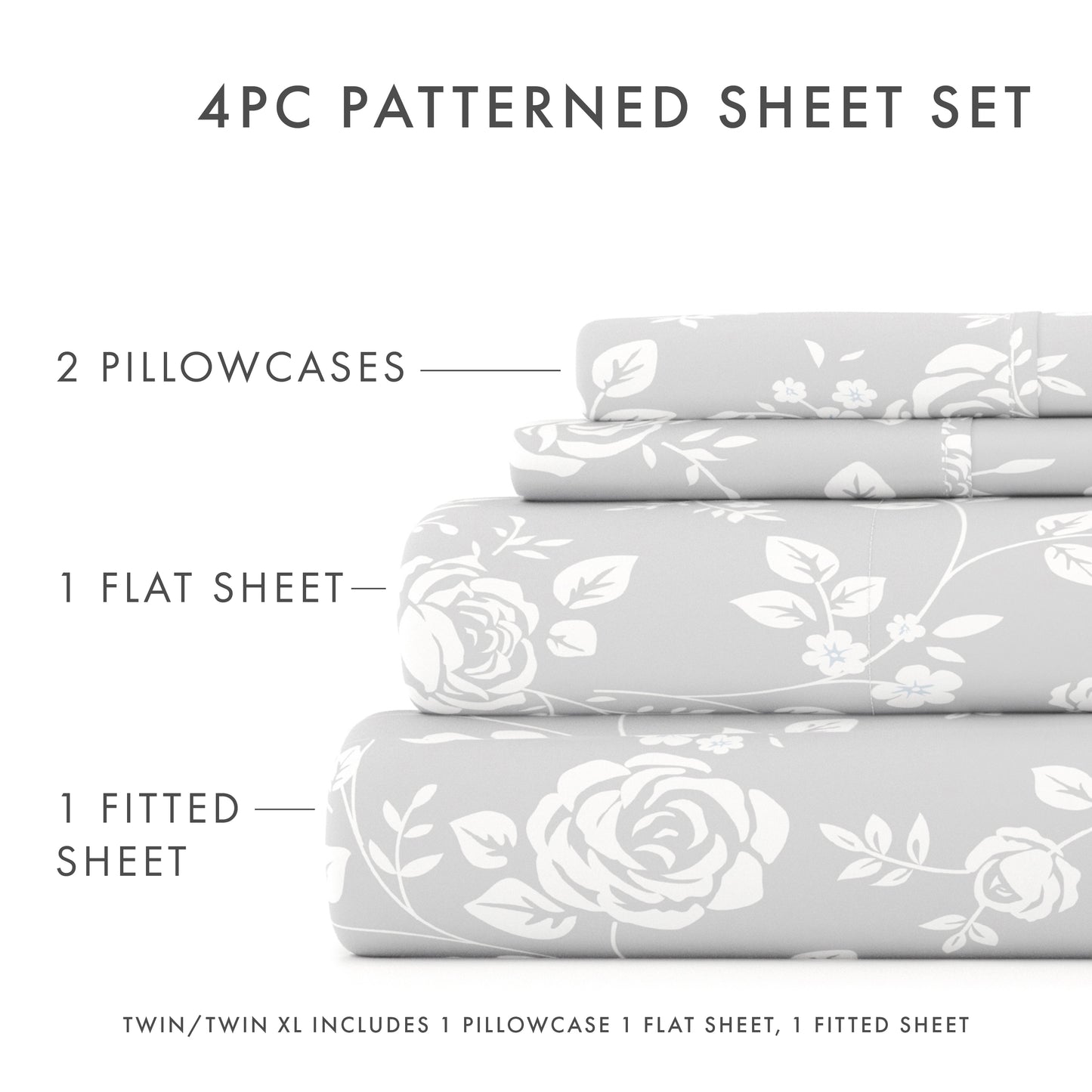 Rose Gray Pattern 4-Piece Sheet Set