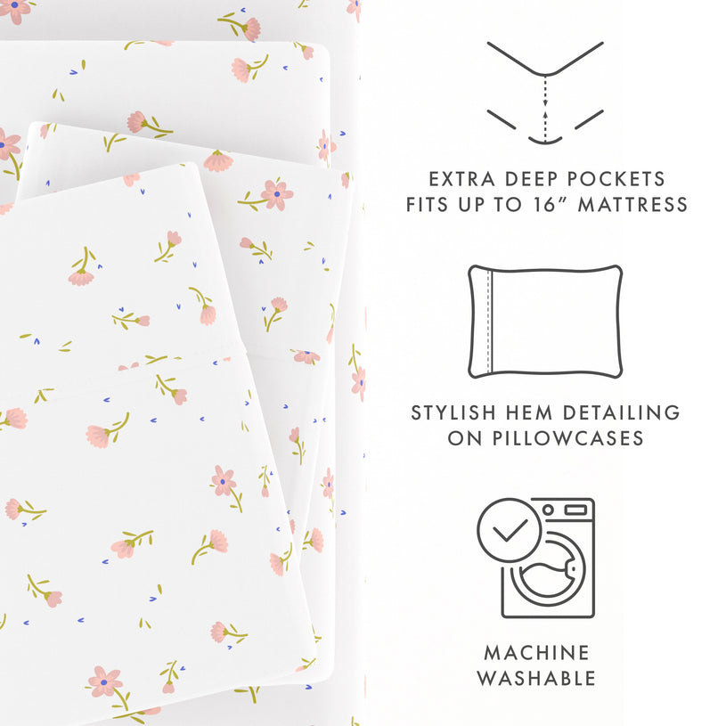 Soft Floral Patterned 4-Piece Sheet Set - Linens and Hutch